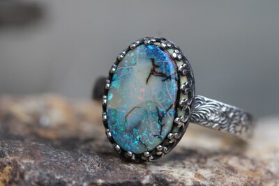 Opal Ring * Solid Sterling Silver Ring* Peacock Swirl Band * Monarch Opal *  Any Size - image3